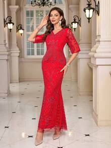 JINLICX V-Neck Sleeveless Beaded Tassel Decor Luxurious Party Wedding Dress - Red - View 2