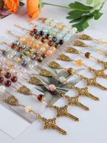 GO2CJBEADS 1pc Casual Multicolor Catholic 10mm 59pcs Crystal Beads Cross Pendant Necklace , Glass Cracked Bead Prayer Catholic Jewelry Cross Pendant Long Sweater Chain Necklace