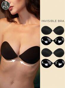 1/2 Pares de Sutiã Adesivo Invisível Reutilizável com Alça Removível - Sutiã Adesivo de Silicone com Fecho Frontal para Levantar Seios Pequenos, Cobre Mamilos Sem Costura Sem Alças para Vestidos e Lingerie