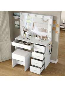 FUSOU Makeup Vanity Desk With Power Outlet, 37'' W Vanity With Mirror And 11 LED Lights, 3 Adjustable Lighting Modes, 5-Drawer Dressing Table For Bedroom Or Dressing Room - White - View 4