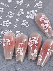 6 Pieces Of Spring And Summer Hibiscus Nail Art Stickers - White, Pink, Blue, Silver, Gold, Yellow Fresh Hibiscus Flower, Hibiscus Flower Art Design, 3D Flat Technology, Suitable For Women's Daily, Wedding, Holiday, Disposable Self-Adhesive Back Adhesive Nail Art Stickers, Simple, Light Luxury, Chinese Style Theme Style, Easy To Stick Nail Decoration Stickers