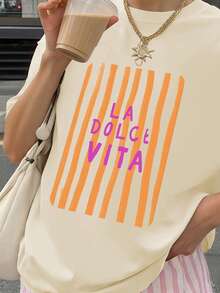 可愛女款奶油色 LA DOLCE VITA 印花短袖圓領修身 T-shirt，適合夏季時尚、戶外、Y2K 風格 - 淡杏色 - 查看 2