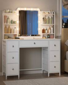 HEXCELEN Dressing Table With LED Lighting, Dressing Table With Large HD Mirror, 7 Drawers And 6 Storage Compartments, Bedroom Dressing Tables, Modern White - trắng - Xem 3