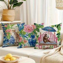 18x18 Inch Blue And White Chinoiserie Throw Pillow Covers, Floral Peacock & Pagoda Watercolor Print, Farmhouse Decor For Indoor/Outdoor Use, Envelope Closure, Machine Washable - 樣式 2 - 查看 4