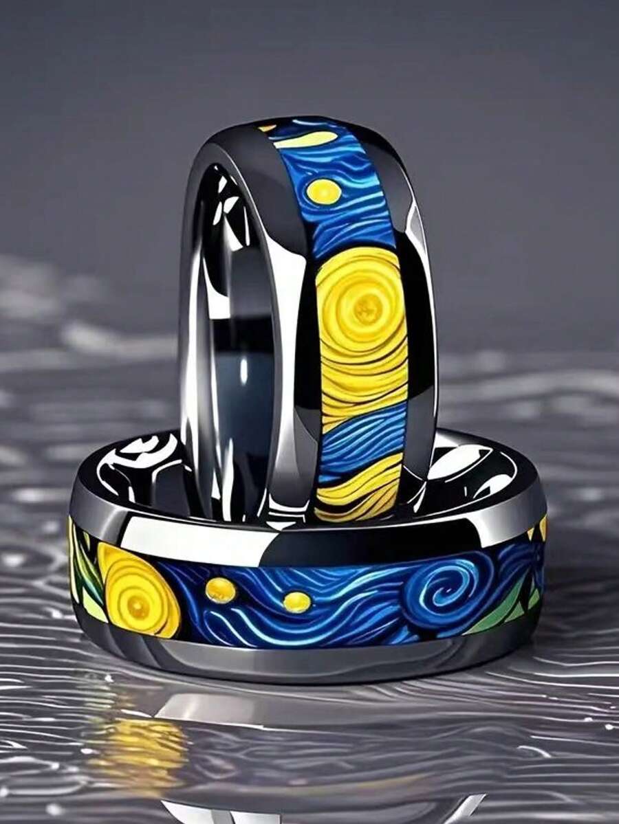 1 chiếc nhẫn đôi bằng thép không gỉ hình đêm đầy sao - Nhẫn cưới cổ điển 8mm, Thiết kế theo phong cách Van Gogh, Quà tặng độc đáo cho anh ấy, Quà tặng nghệ thuật cho đám cưới hoặc dịp đặc biệt | Có họa tiết - Nhiều màu - Xem 1