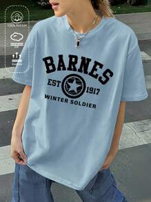 Marvel 女士罗纹棉质T恤，冬日战士巴恩斯印花，学院风春夏新款运动服，时尚柔软透气豌豆绿短袖上衣