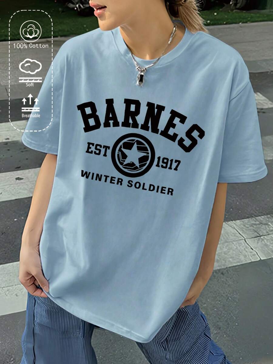 Marvel 女士罗纹棉质T恤，冬日战士巴恩斯印花，学院风春夏新款运动服，时尚柔软透气豌豆绿短袖上衣