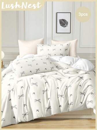 3pcs Cream Gray Bow Digital Print Duvet Cover Set (1 Duvet Cover + 2 Pillowcases Without Insert), Cute Girly Style, Daily Polyester Soft Skin-Friendly, All-Season Bedroom Dorm Use, Kawaii Home Decor, Aesthetic Bedding,New Arrival