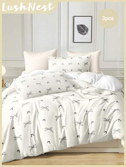 3件套米色蝴蝶印花被套组（1个被套+2个枕套，不含被芯），可爱少女风，日常柔软涤纶面料，适合四季卧室/宿舍，卡哇伊家居装饰，精美床上用品，新品上市