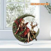 2D Flat, 1pc Rotating Acrylic Decor - Christmas Elf On Crescent Moon With Wing, Reindeer And Holly Pattern Details, Vibrant Colors, For Holiday Display, Festive Gatherings, All Season Home Decor (Bedroom, Kitchen, Living Room)