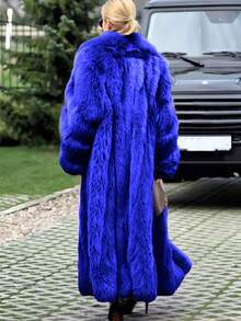 Comfortable Women's Long Faux Fur Coat, Oversized Fit, Royal Blue, Waterfall Collar, Regular Sleeve, Fuzzy Details, Non-Stretch Fabric Winter - 寶藍色 - 查看 2