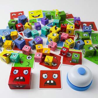 3+ Years Old Children's Wooden Changeable Face Expression Puzzle Building Blocks, Multiplayer Tabletop Game, Brain Teaser Challenge, Early Development Thinking Training, Stress Relief Toy To Enhance Family Atmosphere