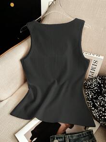 女式优雅简约日常方领吊带修身纯色粗肩带针织上衣圆领无袖修身休闲短款背心基本款 T 恤吊带背心，透气柔软舒适汗衫，春夏秋季