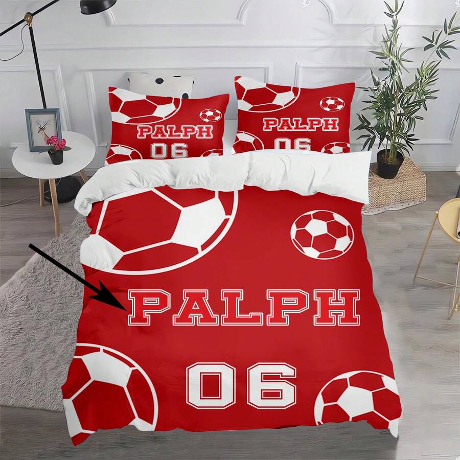 3PCS Customized Duvet Cover With Red Background, Football Pattern, Personalized Name, Number, All Season Universal Polyester Fabric, Digital Printing, Boys' Gift,The Fabric Is 90g Fabric - Multicolor - View 1