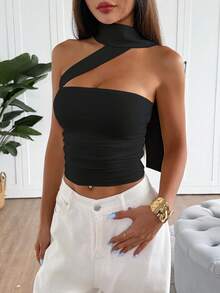 Women's Spring/Summer Vacation Knit Fabric Bandeau Crop Top, Adjustable Neck Tie, Suitable For Afternoon Tea, Street, Vacation, Layering, Party, Date, Valentine's Day, Easter, Carnival, Beach, Cruise Resort, City Road Trip Vacation, New Year Party Outfit, Casual Outerwear - Black - View 3