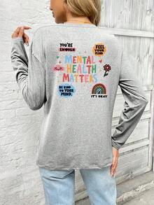 Plus Size Custom Print Long Sleeve Pajama Top, Back To School Season, Fall & Winter, Cozy - Light Grey - View 3