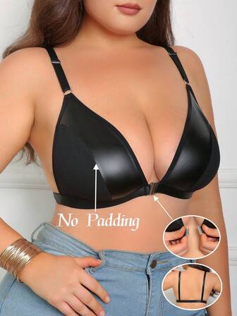 1pc Plus Size Women Front Closure Leather Racerback Bralette