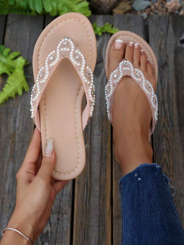 Tongs plates à lanière en T avec strass pour femmes, sandales de plage confortables pour l'intérieur/extérieur