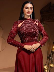 Đầm chiffon xếp ly sang trọng, thanh lịch dành cho nữ, đính sequin và ren, thiết kế cao cấp, thích hợp cho các dịp trang trọng, tiệc tùng, đám cưới, ngày Valentine mùa xuân. - Màu Đỏ Sâu - Xem 6