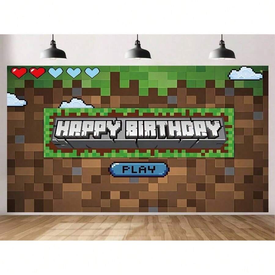 1 Piece Of Pixel Style Birthday Party Background Fabric - Multifunctional Polyester Game Theme, Suitable For Photo Booth And Room Decoration