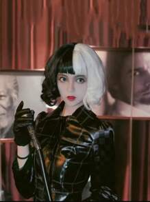 1pc/Ladies' Fashion Black And White Yin-Yang Curly Wig, Medium Length, Very Suitable For All Kinds Of Costume Role-Playing.,Halloween