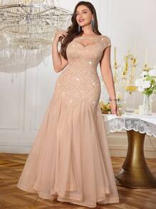 优雅亮片花卉蕾丝撞色网纱荷叶边下摆长裙，适合晚宴、返校舞会、婚礼宾客、生日、毕业典礼等场合。 - 香檳色 - 查看 11