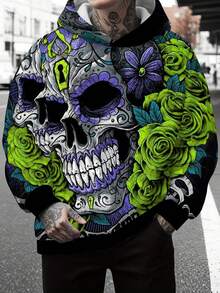 万圣节服装绿色花朵骷髅图案 3D 印花连帽衫，男士休闲弹力套头连帽衫运动衫，秋冬运动装 - 彩色 - 查看 1