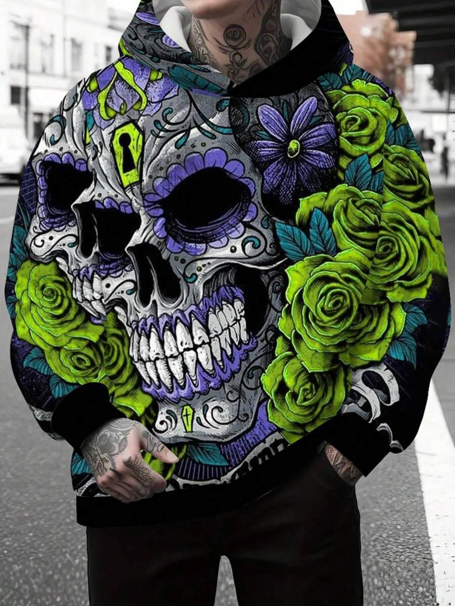 万圣节服装绿色花朵骷髅图案 3D 印花连帽衫，男士休闲弹力套头连帽衫运动衫，秋冬运动装 - 彩色 - 查看 1