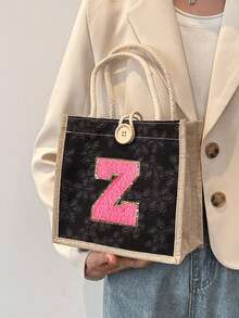 1 件毛巾刺绣首字母图案手提包，花卉印花亚麻手提包，小号花卉亚麻纽扣装饰手提包，简约大容量手提包，便携休闲收纳手提包，多功能购物袋，新设计，大容量，购物的理想选择，单肩包，手提包，午餐包，午餐盒，斜挎包