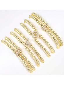 1pc Classic Gold-Plated Zirconia Beaded Balloon A-Z Letter Charm Bracelet, Bubble Initial Charm Bracelet, Stretchy Jewelry For Women & Men - Gold - View 1