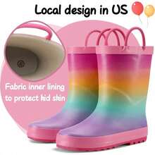 Kids Rain Boots Waterproof Printed Rubber Boots With Handles - Pink Rainbow - View 2