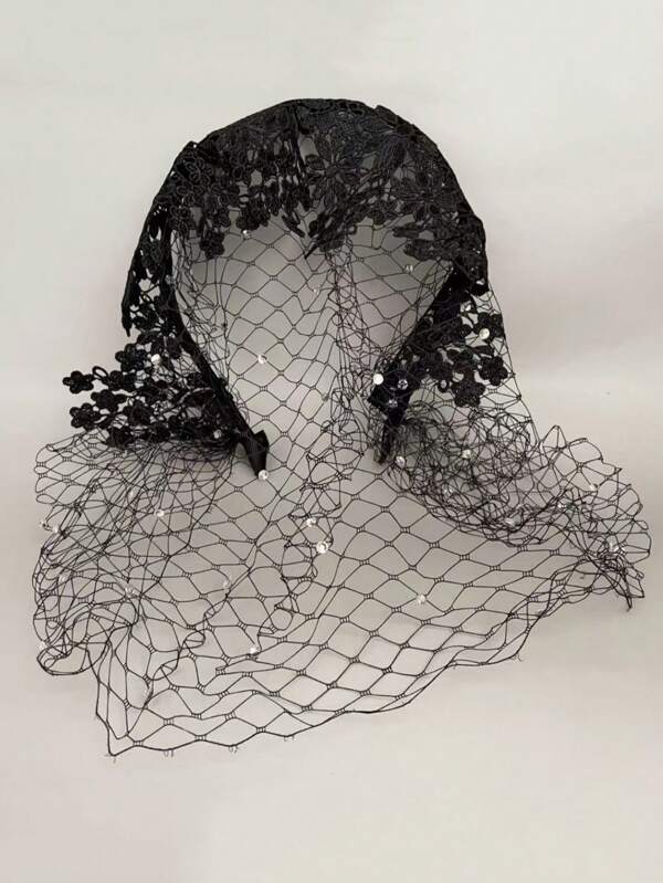 1pc Ladies' Sexy Lingerie Accessories, Vintage Party Lace Mesh Hair Accessories, Face Covering Rhinestone Veil Headband
