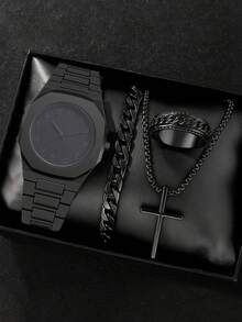 4pcs/Set Men's Business Quartz Watch, Numeric Dial, Bracelet Necklace Ring Set, Gift For Men