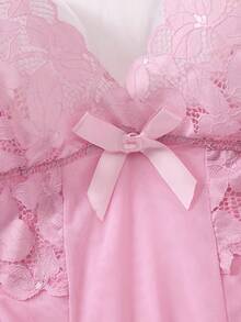 2 piezas Conjunto de ropa de dormir sexy para mujer de unicolor con encaje en contraste, vestido camiseta escotado en V y espalda descubierta, tanga, camisón cómodo