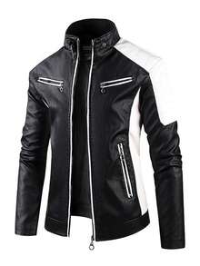 Motorcycle Style Leather Jacket For Men, Men's Stand Collar Zipper Jacket, High Quality PU Leather Material, Versatile Jacket For Spring And Autumn Fashion,Fleece,Winter - Black and White - View 4