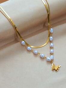 1pc Stainless Steel Luxury Double Layer Faux Pearl 3D Butterfly Pendant Necklace, Fashionable & Elegant For Women, Suitable For Daily Wear, Gatherings, Festivals And Parties