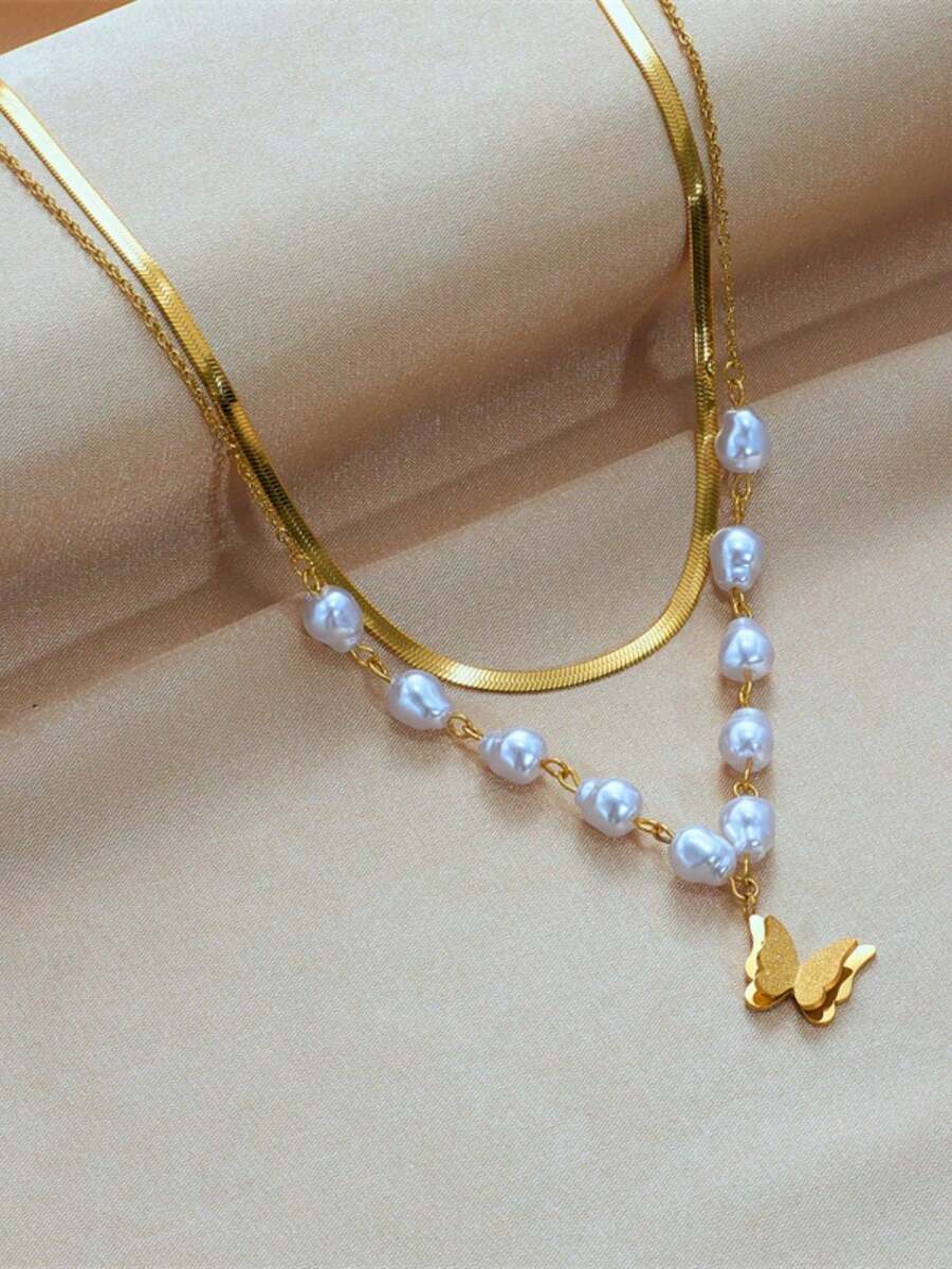 1pc Stainless Steel Luxury Double Layer Faux Pearl 3D Butterfly Pendant Necklace, Fashionable & Elegant For Women, Suitable For Daily Wear, Gatherings, Festivals And Parties