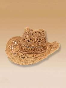 1pc Women's Beige Hollow Woven Straw Hat, Western Cowgirl Style, Breathable Sun Protection, Self-Tie Wind Rope, Suitable For Beach Vacation, Daily Outing, Fashion Handmade Panama Cowgirl Large Straw Hat, Bohemian Style Beach Straw Hat, Sun Protection Hat, Casual Beach Wind-Resistant Cap