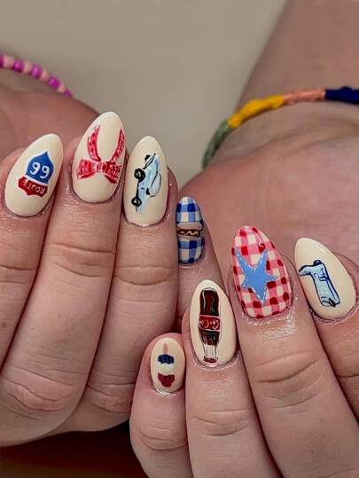 24 Pieces Of Press On Nails Almond Western Cowboy Car Road Graffiti Acrylic Fake Nails Cool Girl's First Choice Suitable For Daily Office Travel Y2k Nails With Jelly Glue 1 Piece File Strip 1