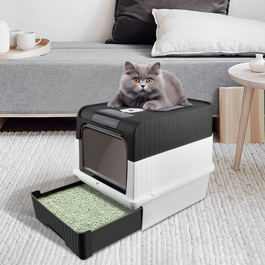 XXL -Katzenstreu -Tablett, abnehmbares Abfallschale in PP mit Deodorant- und Schaufelschublade (49*37*35 cm) - Schwarz - Übersicht 1