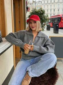 Nuevo cárdigan de solapa de unicolor simple Senya de estilo corto con doble cremallera y manga larga para mujer, estilo casual - Gris - Ver 1