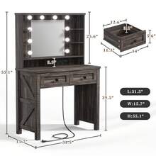 EnHomee Vanity Desk With Mirror And Lights,31 Inch Make Up Vanity With Charging Station,Dressing Table Makeup Desk With 2 Drawers,3 Color Modes Adjustable Brightness - 深橡木色 - 查看 5