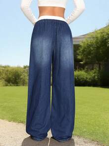 青少年秋季时尚蓝白条纹休闲宽松阔腿裤，现代版型，时尚舒适，非常适合日常外出、公园散步。 - 深色水洗藍 - 查看 5