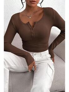 Women's 2026 Fall Long Sleeve Henley T Shirts Button Ribbed Knit Slim Fit Basic Tops Blouse Casual Outfits/Vacation Outfits Women/Valentine Outfits For Women - 咖啡 - 查看 6