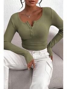 Women's 2026 Fall Long Sleeve Henley T Shirts Button Ribbed Knit Slim Fit Basic Tops Blouse Casual Outfits/Vacation Outfits Women/Valentine Outfits For Women - Xám Xanh Lá Cây - Xem 6