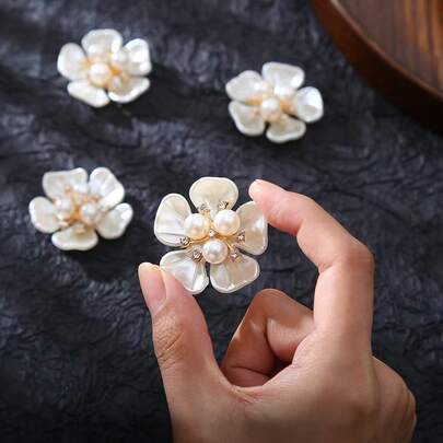 10/5pcs Pearl & Rhinestone Flower Decor Buttons, DIY Craft Accessories For Dress, Hat
