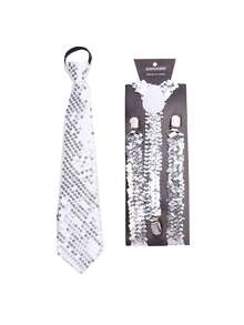 1 套男士女士闪亮亮片领结和吊带套装，纯色亮片后领带套装，派对表演吊带套装，非常适合节日、聚会和正式活动，是晚宴、聚会和情人节的完美礼物