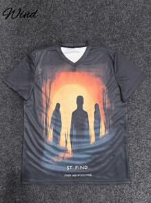 Men's Vintage Silhouette Tree Sunset Forest Scene Graphic Short Sleeve T-Shirt, Streetwear Style For Summer