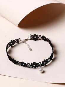 1pc Women's Fashion Floral Fabric Hollow Pearl Pendant Choker Necklace - Black Lace Flower Pearls - View 1