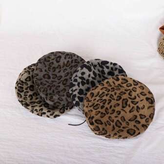 1pc Brown Leopard Print Wool Casual Versatile Beret Hat For Women